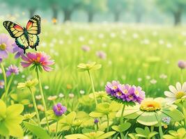 salvaje flores de trébol y mariposa en un prado en naturaleza en el rayos de luz de sol en verano en el primavera de cerca de un macro. un pintoresco vistoso artístico imagen con un suave enfocar. ai generado foto