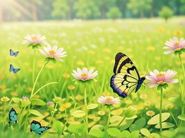 Wild flowers of clover and butterfly in a meadow in nature in the rays of sunlight in summer in the spring close-up of a macro. A picturesque colorful artistic image with a soft focus. ai generated photo