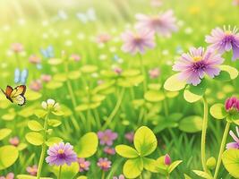 Wild flowers of clover and butterfly in a meadow in nature in the rays of sunlight in summer in the spring close-up of a macro. A picturesque colorful artistic image with a soft focus. ai generated photo