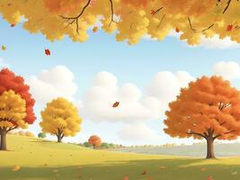 paisaje de un hermosa otoño parque. hermosa otoño árboles, que cae vistoso hojas, nubes y el cielo. vector algodón ilustración, ai generado foto