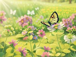 Wild flowers of clover and butterfly in a meadow in nature in the rays of sunlight in summer in the spring close-up of a macro. A picturesque colorful artistic image with a soft focus. ai generated photo