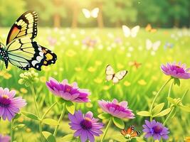 Wild flowers of clover and butterfly in a meadow in nature in the rays of sunlight in summer in the spring close-up of a macro. A picturesque colorful artistic image with a soft focus. ai generated photo