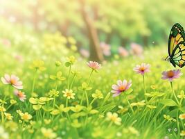 Wild flowers of clover and butterfly in a meadow in nature in the rays of sunlight in summer in the spring close-up of a macro. A picturesque colorful artistic image with a soft focus. ai generated photo