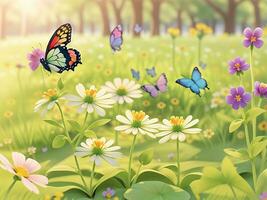 salvaje flores de trébol y mariposa en un prado en naturaleza en el rayos de luz de sol en verano en el primavera de cerca de un macro. un pintoresco vistoso artístico imagen con un suave enfocar. ai generado foto