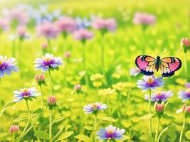 salvaje flores de trébol y mariposa en un prado en naturaleza en el rayos de luz de sol en verano en el primavera de cerca de un macro. un pintoresco vistoso artístico imagen con un suave enfocar. ai generado foto