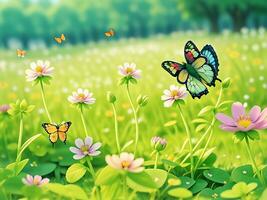 Wild flowers of clover and butterfly in a meadow in nature in the rays of sunlight in summer in the spring close-up of a macro. A picturesque colorful artistic image with a soft focus. ai generated photo