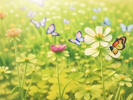 salvaje flores de trébol y mariposa en un prado en naturaleza en el rayos de luz de sol en verano en el primavera de cerca de un macro. un pintoresco vistoso artístico imagen con un suave enfocar. ai generado foto