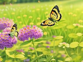 salvaje flores de trébol y mariposa en un prado en naturaleza en el rayos de luz de sol en verano en el primavera de cerca de un macro. un pintoresco vistoso artístico imagen con un suave enfocar. ai generado foto