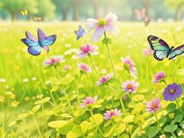 salvaje flores de trébol y mariposa en un prado en naturaleza en el rayos de luz de sol en verano en el primavera de cerca de un macro. un pintoresco vistoso artístico imagen con un suave enfocar. ai generado foto