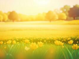 Abstract soft focus sunset field landscape of yellow flowers and grass meadow warm golden hour sunset sunrise time. Tranquil spring summer nature closeup and blurred forest background. ai generated photo