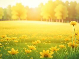 Abstract soft focus sunset field landscape of yellow flowers and grass meadow warm golden hour sunset sunrise time. Tranquil spring summer nature closeup and blurred forest background. ai generated photo