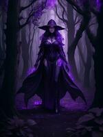 A mysterious witch cloaked in purple chaos energy, standing in a dark forest of barren trees, glowing with a powerful energy. realistic, stunning realistic photograph, ai generated photo