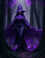 A mysterious witch cloaked in purple chaos energy, standing in a dark forest of barren trees, glowing with a powerful energy. realistic, stunning realistic photograph, ai generated photo