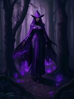 A mysterious witch cloaked in purple chaos energy, standing in a dark forest of barren trees, glowing with a powerful energy. realistic, stunning realistic photograph, ai generated photo