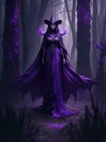 A mysterious witch cloaked in purple chaos energy, standing in a dark forest of barren trees, glowing with a powerful energy. realistic, stunning realistic photograph, ai generated photo