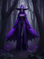 un misterioso bruja encapotado en púrpura caos energía, en pie en un oscuro bosque de estéril árboles, brillante con un poderoso energía. realista, maravilloso realista fotografía, ai generado foto