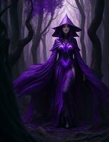 A mysterious witch cloaked in purple chaos energy, standing in a dark forest of barren trees, glowing with a powerful energy. realistic, stunning realistic photograph, ai generated photo