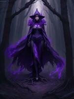 A mysterious witch cloaked in purple chaos energy, standing in a dark forest of barren trees, glowing with a powerful energy. realistic, stunning realistic photograph, ai generated photo