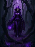 A mysterious witch cloaked in purple chaos energy, standing in a dark forest of barren trees, glowing with a powerful energy. realistic, stunning realistic photograph, ai generated photo