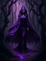A mysterious witch cloaked in purple chaos energy, standing in a dark forest of barren trees, glowing with a powerful energy. realistic, stunning realistic photograph, ai generated photo