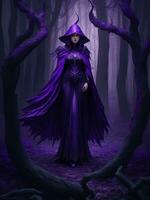 A mysterious witch cloaked in purple chaos energy, standing in a dark forest of barren trees, glowing with a powerful energy. realistic, stunning realistic photograph, ai generated photo