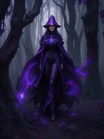 A mysterious witch cloaked in purple chaos energy, standing in a dark forest of barren trees, glowing with a powerful energy. realistic, stunning realistic photograph, ai generated photo