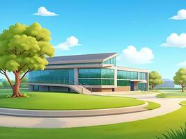 moderno colegio edificio con hermosa naturaleza paisaje, espalda a educación concepto dibujos animados ilustración, ai generado foto