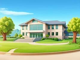 Modern school building with beautiful nature landscape, Back To Education Concept cartoon Illustration, ai generated photo