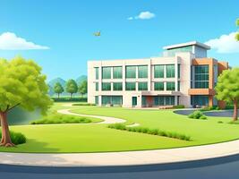 Modern school building with beautiful nature landscape, Back To Education Concept cartoon Illustration, ai generated photo