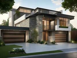 moderno diseño de lujo hogar con doble garaje y natural Roca adornos, ai generado foto