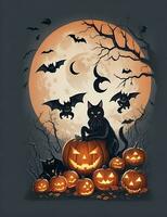 t-shirt design  halloween scene with black cats, spiders and pumpkin, with beautiful nocturnal moon and bats in the background,  generative ai photo