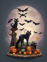 t-shirt design  halloween scene with black cats, spiders and pumpkin, with beautiful nocturnal moon and bats in the background,  generative ai photo