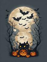 camiseta diseño Víspera de Todos los Santos escena con negro gatos, arañas y calabaza, con hermosa nocturno Luna y murciélagos en el fondo, generativo ai foto