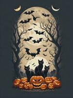 t-shirt design  halloween scene with black cats, spiders and pumpkin, with beautiful nocturnal moon and bats in the background,  generative ai photo