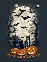 t-shirt design  halloween scene with black cats, spiders and pumpkin, with beautiful nocturnal moon and bats in the background,  generative ai photo