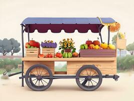 Street side scene with flower cart and fruit cart scene vector catton illustration, ai generated photo