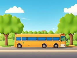 Street side scene with school bus on the road scene vector illustration, ai generated photo