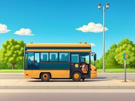 Street side scene with school bus on the road scene vector illustration, ai generated photo