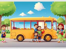 contento niños en colegio autobús en el parque, ai generado foto