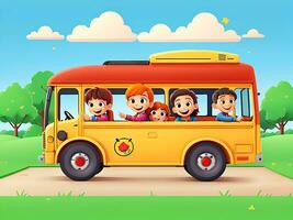 Happy children on school bus in the park, ai generated photo