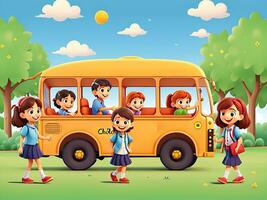 Happy children on school bus in the park, ai generated photo