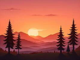 Sunset and silhouettes of trees in the mountains background, ai generated photo