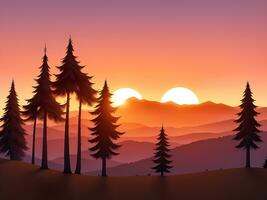 Sunset and silhouettes of trees in the mountains background, ai generated photo
