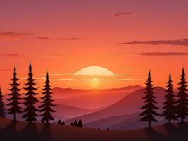 Sunset and silhouettes of trees in the mountains background, ai generated photo