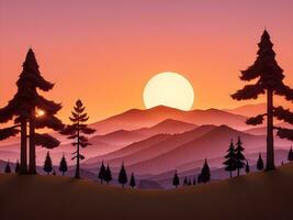 Sunset and silhouettes of trees in the mountains background, ai generated photo