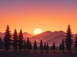 Sunset and silhouettes of trees in the mountains background, ai generated photo