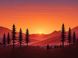 Sunset and silhouettes of trees in the mountains background, ai generated photo