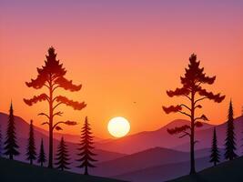 Sunset and silhouettes of trees in the mountains background, ai generated photo