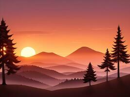 Sunset and silhouettes of trees in the mountains background, ai generated photo