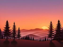 Sunset and silhouettes of trees in the mountains background, ai generated photo